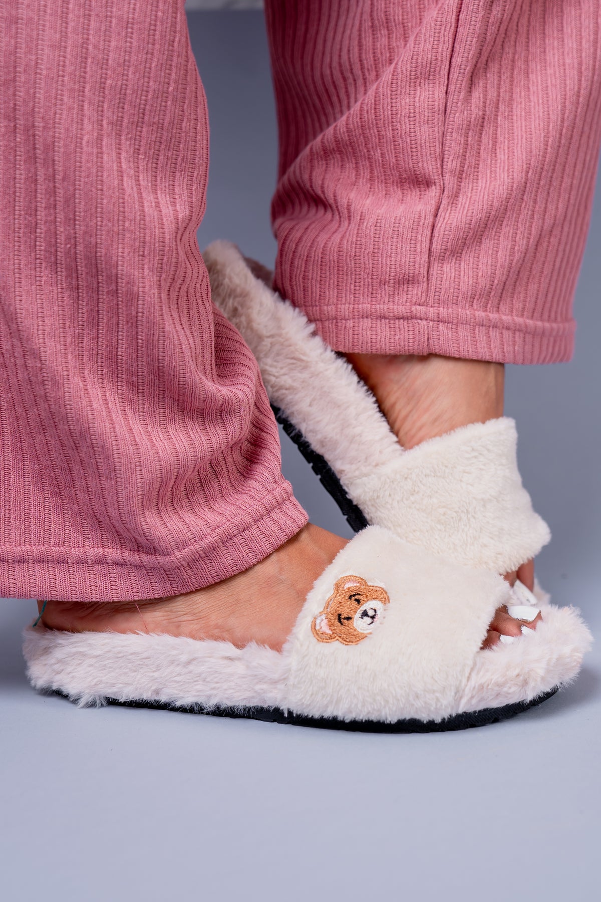 Bear Patch White Slippers