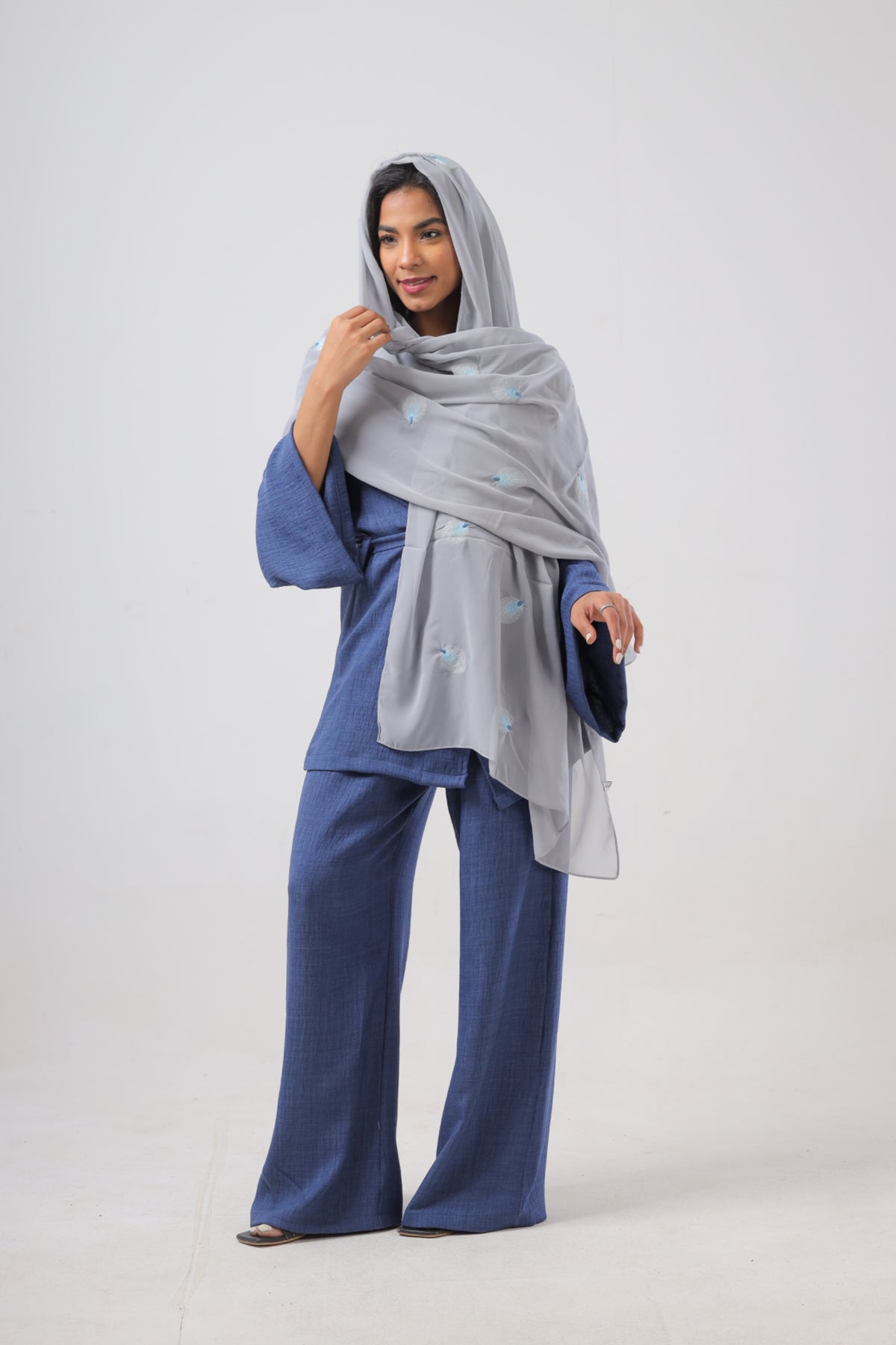 Grey Blow Spirit Embroidered Chiffon Scarf