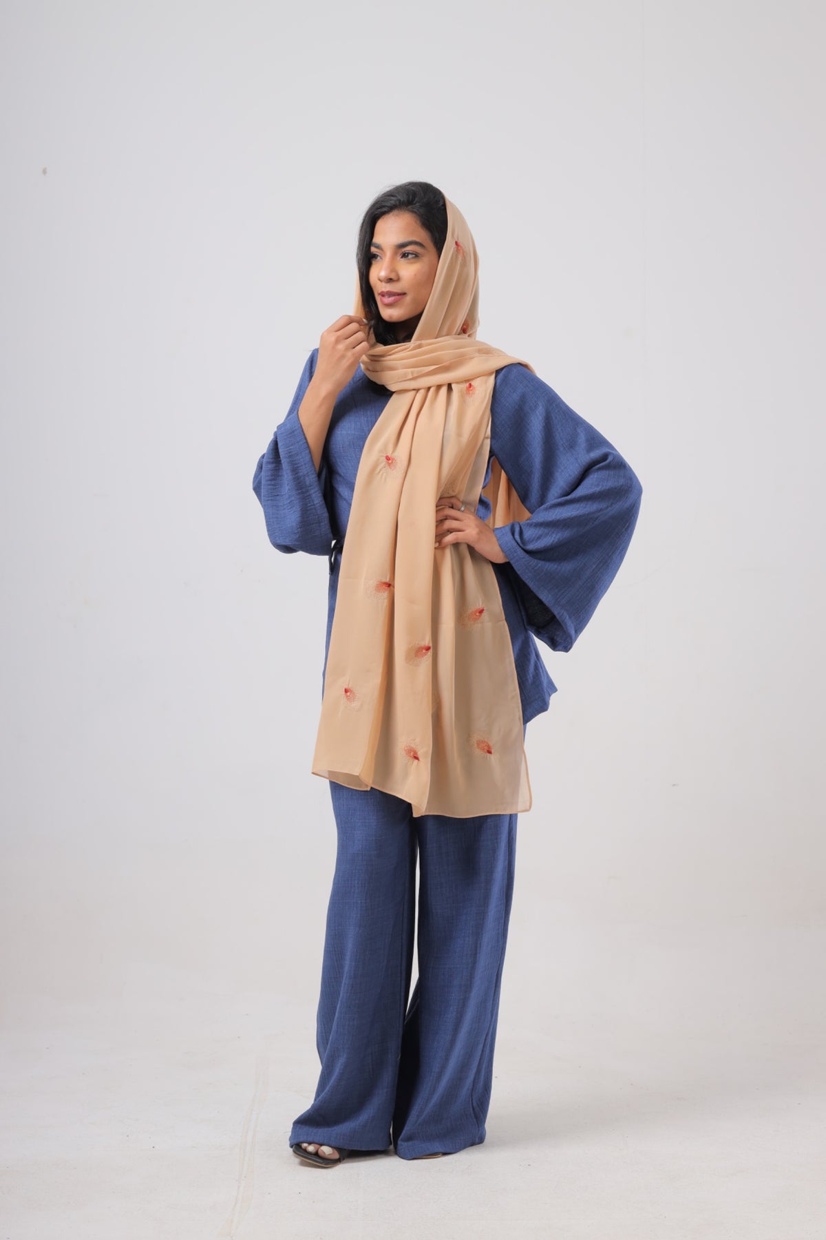 Beige Blow Spirit Embroidered Chiffon Scarf