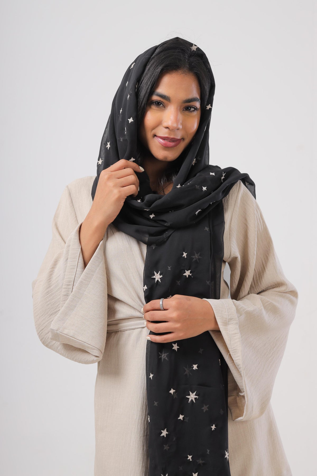 Black Stars Embroidered Chiffon Scarf