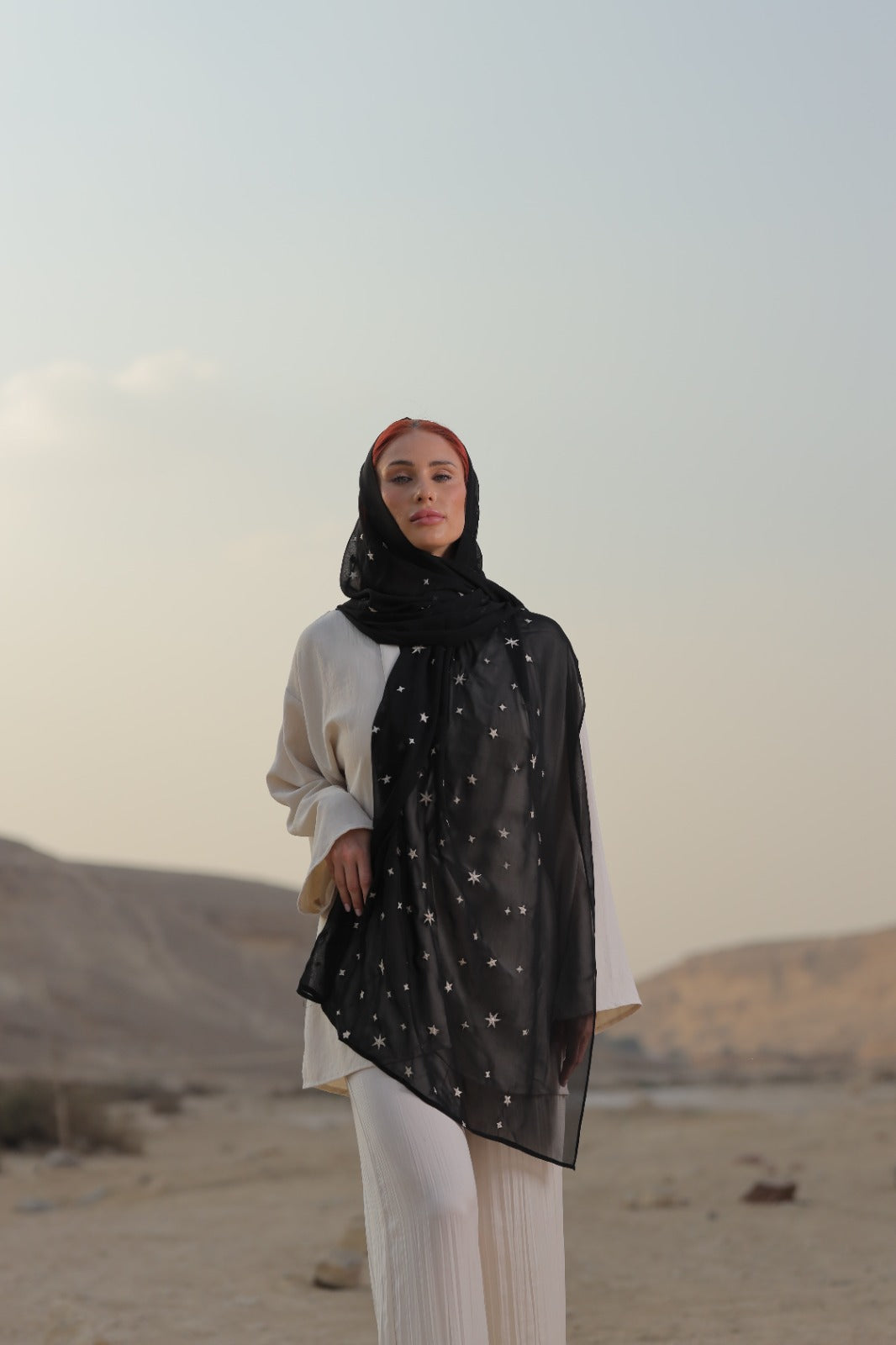 Black Stars Embroidered Chiffon Scarf