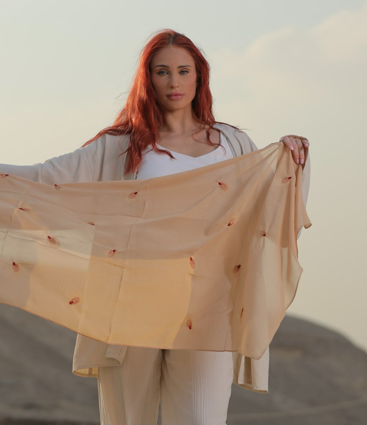 Beige Blow Spirit Embroidered Chiffon Scarf