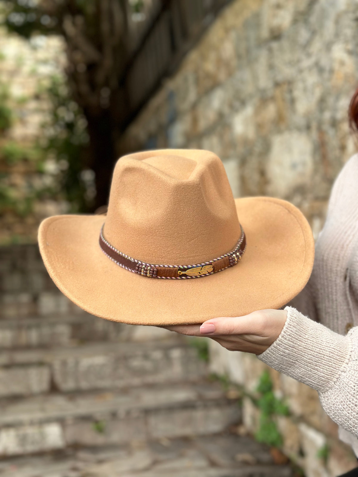 Cowboy Beige Fedora Hat with removable accessory