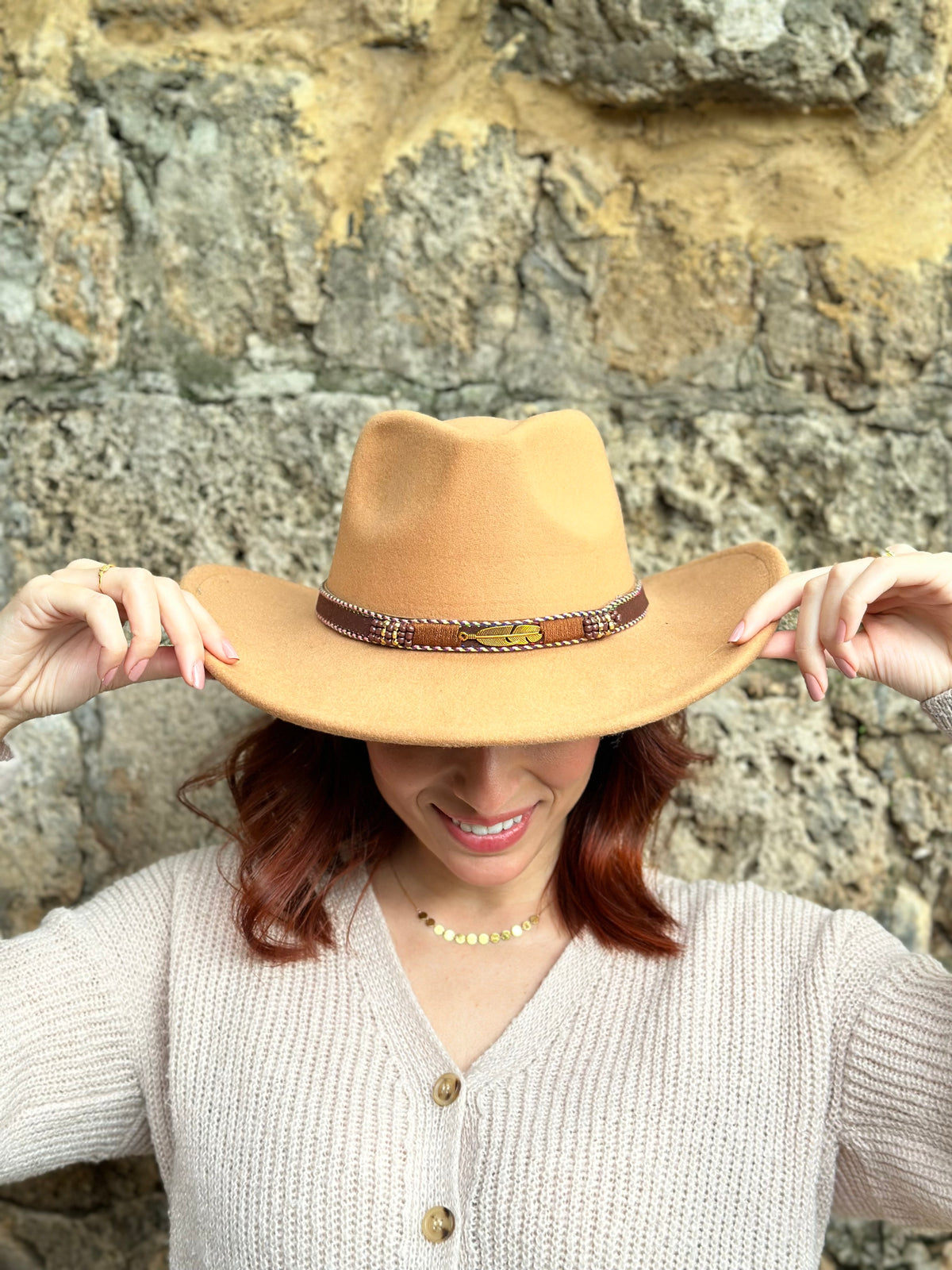 Cowboy Beige Fedora Hat with removable accessory